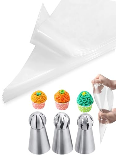 Russian Ball Piping Tips Set with Bags,3 Pcs Russian Piping Tips Flower for Cake Decorating & 20 Disposable Pastry Bags 12inch for Frosting