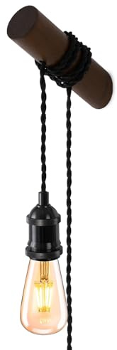 JIAHUA Wooden Industrial Plug in Wall Light,2.8M Twisted Braided Black Cable Magnet Wall Lamp with Switch in Line, E27 Lamp Holder Fit for Lampshade Wall Sconces Indoor Lighting
