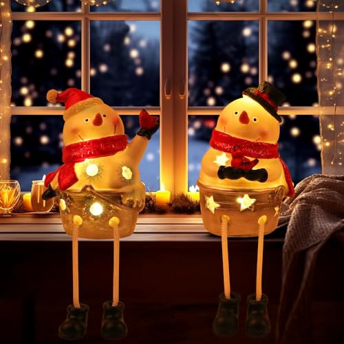 YiYa 2 pièces Bonhomme de Neige Decoration Noel Figurine Bonhomme de Neige en résine décoration de noël Statue de Noël d'hiver d'intérieur pour Cadeaux de noël