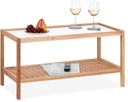 Relaxdays Beistelltisch, Wohnzimmertisch mit Glasablage, HBT 40x80x40 cm, Ablagetisch Walnussholz, Kaffeetisch, Natur