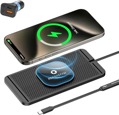 Magnetic Wireless Car Charger Pad, REESTECQI 15W Wireless Charging Pad for Magsafe Charger Non Slip Type C with 40W Car Charger for iPhone 17/16/15/14/13/12, Airpods (30CM Cable)