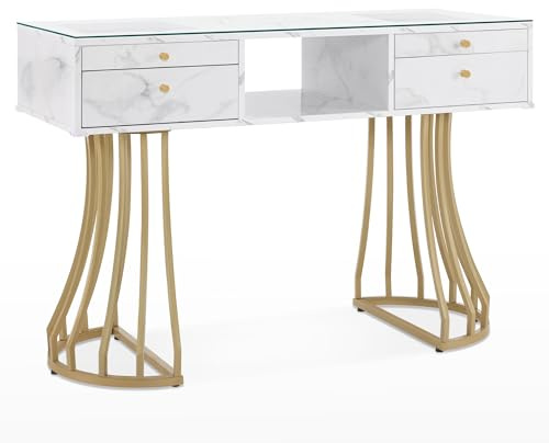 BarberPub Simple&Storage Manicure Table with Glass, Marbling Textured Salon Nail Tech Desk, Acetone Resistant Stylist Equipment, Makeup Station with Golden Metal Frame 2464 (White)