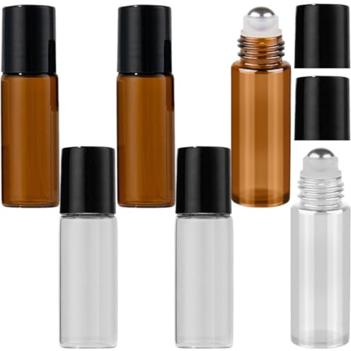 BDEPSTR 6 pcs 5ml vidrio Rollerball Botellas con bola de Acero Inoxidable, Perfume Rollerball Botellas para Aceite, Masaje, Aromaterapia, Frascos de Laboratorio