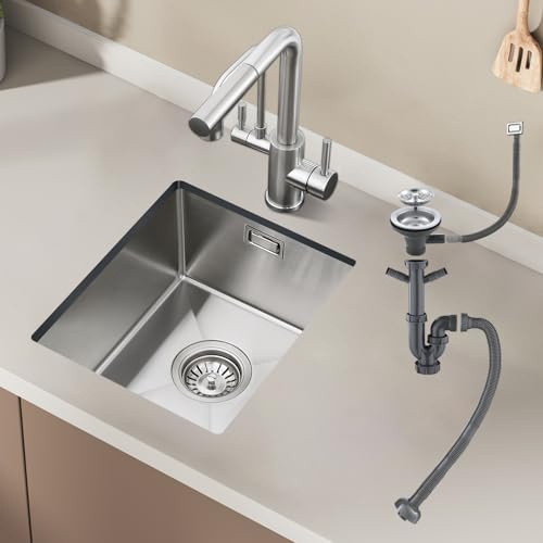 ROVOGO Küchenspüle Unterbau 40x34cm Edelstahl 304 inkl. Ablauf & Überlauf | Kleines Küchenspülbecken, handgefertigt gebürstete Edelstahl-Unterbauspüle mit Ab- und Überlaufgarnitur, 1 Becken Einbauspüle