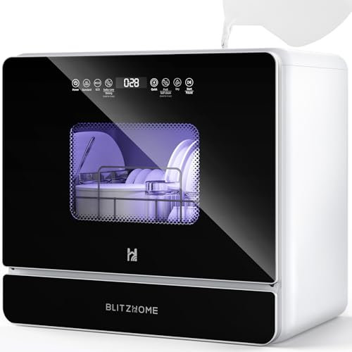 Lavavajillas Pequeño, BLITZHOME Lavavajillas Compactos Control Táctil, 9 Programas, Depósito de Agua de 5,2L, Compatible con o sin Conexión de Agua, Secado, Inicio Retardado, Portátiles para Camping