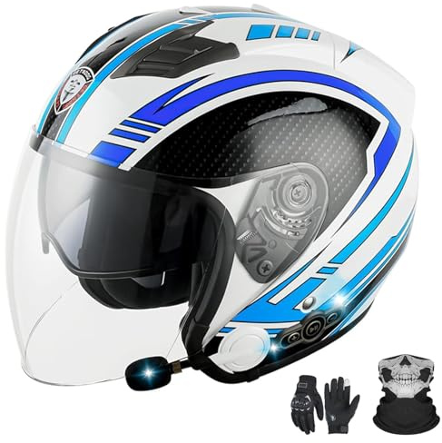 Casco Jet con Bluetooth para motocicleta, certificación ECE, casco con Bluetooth integrado, casco jet para scooter, casco scooter, casco jet para hombre y mujer con doble visera G,L (59-60cm)