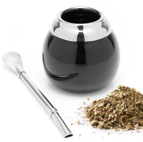 balibetov Keramik Yerba Mate Tee Set (Mate Becher - 200 ml) | Inklusive 1 Bombilla (Strohhalm) für Mate | Mate Set Leicht zu Reinigen und Sehr Widerstandsfähig (Schwarz)