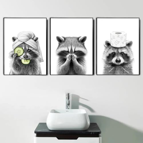3 Poster Badezimmer Schwarz Weiß Bilder Tiere Toilette WC Dekoration Lustig Wandbilder Moderne Kunst Druck Witzige Bilder Gästebad Leinwand Poster Waschbär 30x40cm ohne Rahmen