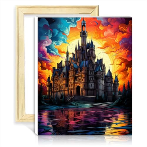 LiHEQING Ölgemälde auf Leinwand, „Das Schloss Chambord“, Malen nach Zahlen für Erwachsene, mit 3 Pinseln und Acrylfarben, lebendige Wandkunst, mit Rahmen (40 x 50 cm)
