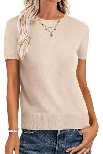 ANRABESS Womens Short Sleeve Sweaters Wool Blend Crew Neck Sweater Shirts Business Casual Work Tops 2026 Summer Outfits Parchment Beige M