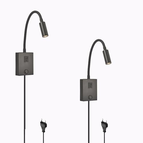 Leselampe Wandmontage LED Wandleuchte Bettlampe mit Schalter und USB Ladeanschluss Bett Leselicht 360° Schwenkbar Schwanenhals Lampe mit Stecker für Schlafzimmer Schwarz (Neutrales Licht,2 Stück)