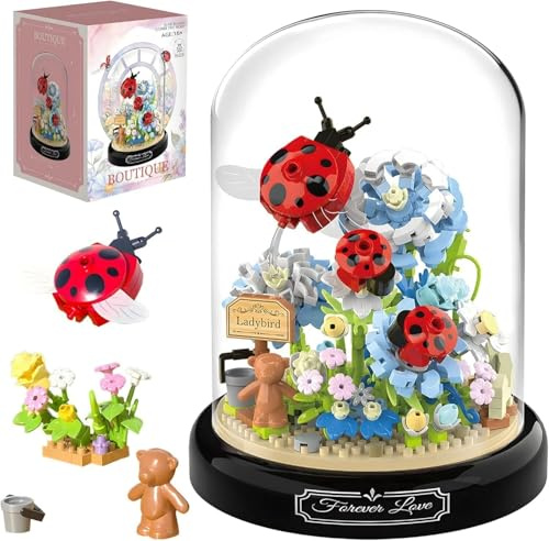 Ladybug Flower Bouquet Building Block Set, Insect Flowers Plants Decor with Dust Cover, Creative DIY Animals Plants Bonsai Collection Building Kit, Home Office Decor Gifts for Adults Teenager aged 16+