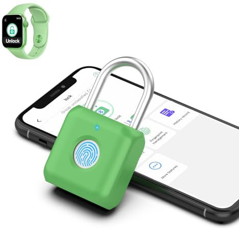 Fingerprint Padlock eLinkSmart Gym Locker Lock with Phone App iOS Watch Metal Keyless Combination Locks for Backpack Suitcase Luggage School Sports Locker Toolbox Hasp Storage Green
