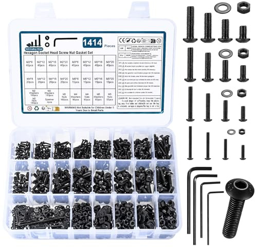 1414 Pcs M2 M3 M4 M5 Bolts and Nuts Set, Nuts and Bolts Set, Black Round Head Hexagon Socket Screws Bolts Nuts and Washers, Hex Socket Button Head Cap Screws Bolts, Machine Screws and Nuts Kit