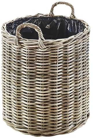 Kobolo Pflanzgefäß rund aus Rattan mit Folie in kubu Grey, Gr. mittel: Ø50 cm, 50x50x58 cm, geflochtener Übertopf mit Henkel für Innen- & geschützten Außenbereich, ideal für Terasse oder Balkon