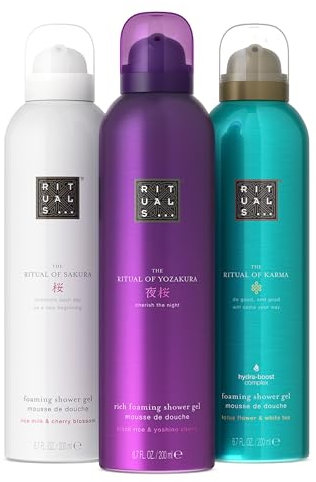 RITUALS Espuma de Ducha – Set de Regalo de Lujo con Flor de Cerezo y Leche de Arroz, Té Blanco y Flor de Loto, Cerezo Yoshino y Arroz Negro, 3 x 200 ml
