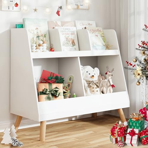 LUE BONA Kinderregal, Bücherregal Aufbewahrungsregal für Kinder, Standregal | 2 Stockwerk der Offenen Lagerung mit Massivholzbeinen, 32 x 82 x 69 cm, Weiß