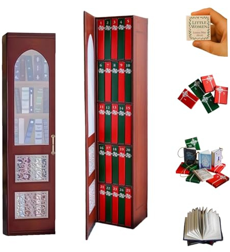 Mini Book Ornament Advent Calendar 2025, 24 Books Gift - Literature Lovers Christmas Countdown Calendar, Miniature Library Bookshelf Decor, Book Advent Calendar for Home/Office (Red)