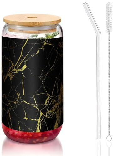 Vasos de agua con estampado de mármol negro y dorado de 16 onzas con tapas y popotes, bonitos vasos de agua para jugo, cerveza, café, té