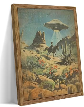 Framed Vintage Intergalactic Western Canvas Wall Art, Alien UFO Abducting Cowboy, Desert Cactus and Flowers Wall Decor, Retro Sci-Fi Poster for Living Room Bedroom – Dark Wooden Frame 12x16in