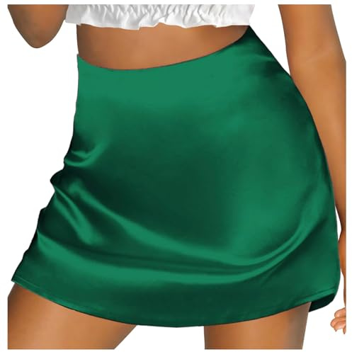 2026 Women's A-line Mini Skirt High Waist Zip Satin Ribbon Lined Skirt Mini Pleated, Green, XS