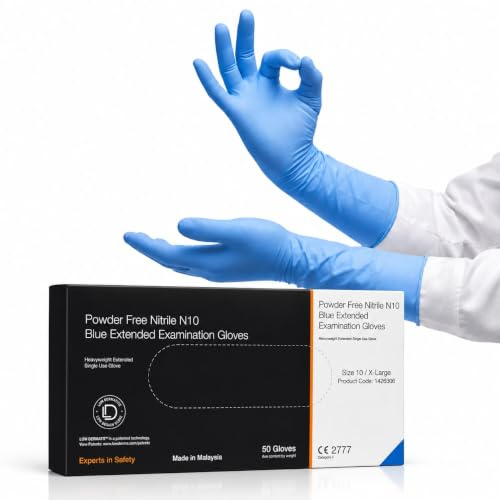 50 Long Cuff Nitrile Gloves XL Blue Disposable Heavy Duty Powder Free | Latex free, extended sleeve covers wrist and forearm, textured grip, tear resistant, for industrial, cleaning and care use