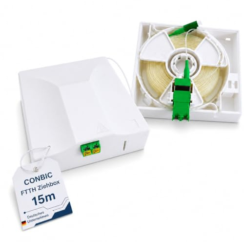 CONBIC FTTH Ziehbox 15m – vorkonfektioniertes Glasfaserkabel LC/APC 8°, OS2 Patchkabel transparent, 0,9 mm, G.657.B3 für Router