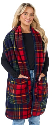 OHS Fleece Scarf with Pockets Christmas Gifts for Women Soft Hand Neck Warmer Oxford Tartan Check Long Thermal Winter Christmas Scarf for Women Warm Shawl Wraps, Navy/Red
