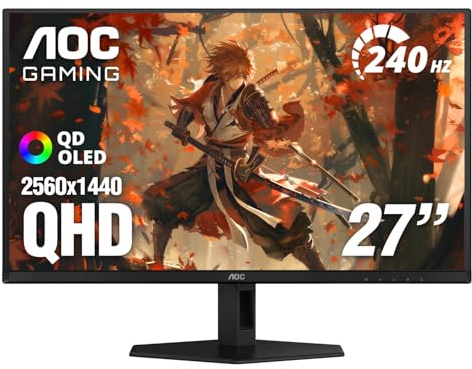 AOC 27 QD OLED Gaming Monitor, QHD 2560x1440, 240Hz, 0.03ms GtG, G-SYNC Compatible, HDR Ready, DisplayPort, HDMI, VESA Mountable, Console Gaming Ready, Q27GAZD