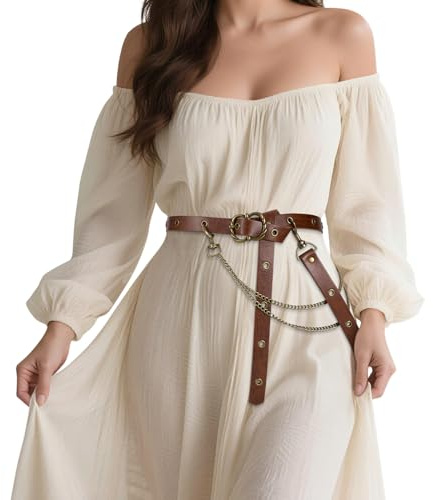 LEACOOLKEY Gürtel Damen Mittelalterlicher Wikinger Kettengürtel Gürtel mit Metallkette Gothic Piraten Verstellbarer Vintage Dünngürtel Retro