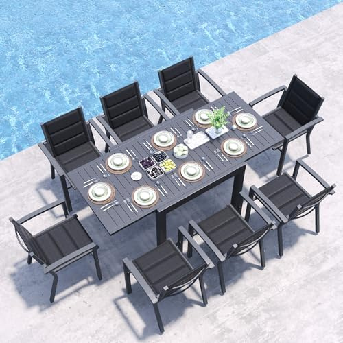 JUMMICO 8 Persone Set Tavolo e Sedie Da Giardino In Alluminio, 8 Sedie Impilabili e 1 80-160CM Tavolo Da Giardino Allungabile In Alluminio, Set Da Giardino Esterno