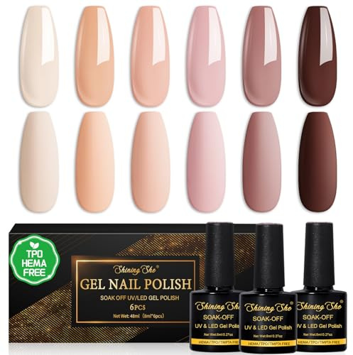 Shining She Halv permanent nagellack, TPO-Free HEMA-Free, 6 färger beige naken persika rosa naken rosa pastell brun nagellack gel naglar UV LED för professionell användning/vardagsrum/hem manikyr, 8