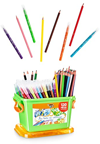 BIC Kids Colouring Set, Lápices de Colores y Rotuladores para Niños en Colores Variados y Vibrantes, Caja de 120 Unidades, Incluye Caja de Almacenamiento