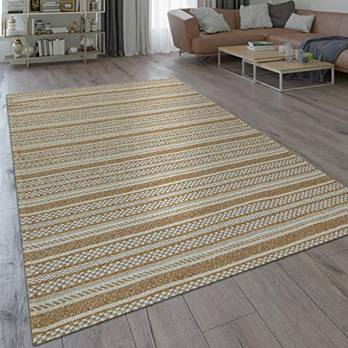 Paco Home Alfombra De Tejido Plano Moderna con Tejedura Rayas Rústica Diseño Oriental Beige, tamaño:160x220 cm