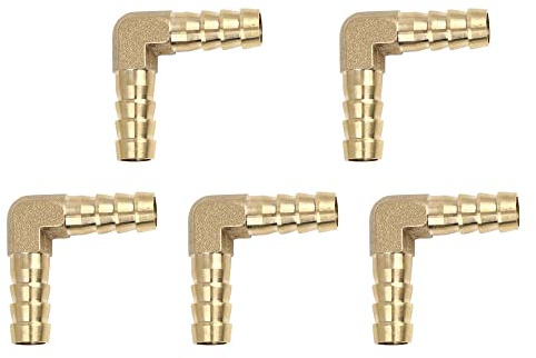 sourcing map Conector Acodado Púa Latón 10Mm para Aire Agua Aceite Gas 5Pcs | Dorado, 7.5Mm Di, Rosca Macho, Con Púa, Alta Resistencia A Presión, Corrosión, Abrasión, Para Tubería Plástica