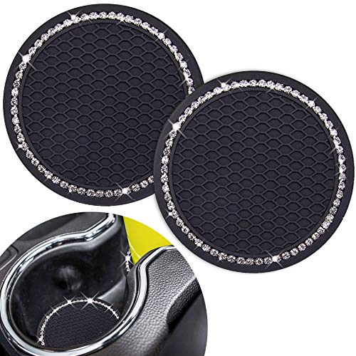 Cute Car Cup Coaster 2PCS Universal Vehicle Cup Holder Insert Coaster 2.75 inch Silicone Anti Slip Bling Crystal Rhinestone Auto Car Accessories for Women & Lady (Black background with white diamond))