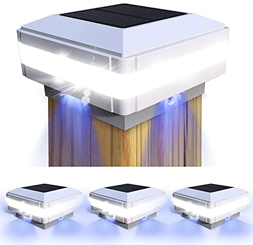 FVTLED Solar Outdoor Post Cap Lights, Solar Post Light Fits 4x4 5x5 6x6 Wooden Posts, IP65 Waterproof High Brightness 52 LEDs Lighting for Fence Deck Patio Garden Decoration (White, 4 Pack)