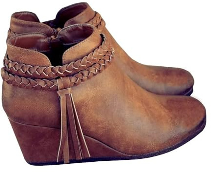 Fashare Womens Wedge Ankle Boots Braided Fringe Strap Western Heeled Winter Booties Shoes,Leather Brown, Size 6