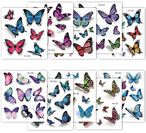 Schmetterling Temporäre Tattoo Aufkleber,10 Blätter 3D Glitzer Tattoo Mädchen Wasserdicht Schmetterling Tattoos Schmetterling Körperkunst Aufkleber für Mädchen Karneva Geburtstag Party