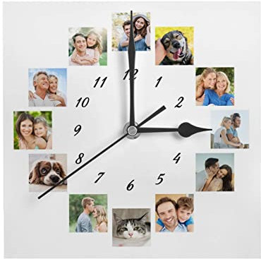 Horloge Murale Personnalisée avec Photo, Personnalisées Horloge Murale Carrée avec Photo Text, Horloge Familiale Personnalisable pour Anniversaire de Mariage Saint Valentin Anniversaire de Noël