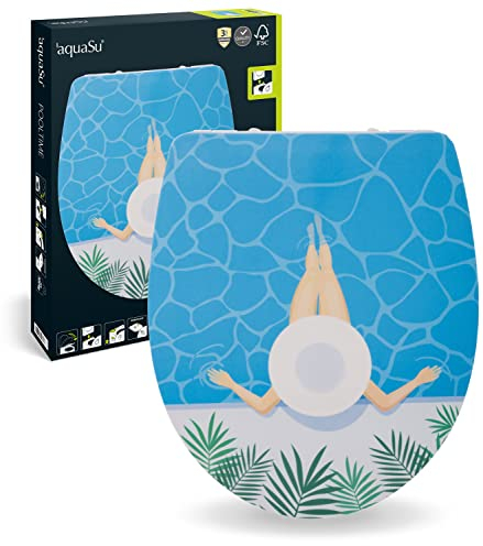 aquaSu® WC-Sitz mit Motiv Pooltime | Toilettendeckel mit Absenkautomatik | Belastbar bis 300 kg | O-Form | Fast-Fix | Take-Off | Kunststoffscharniere | Toilettensitz Duroplast | 40723 6