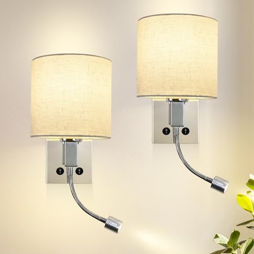 ZMH 2ER Wandleuchte Schlafzimmer Wandlampe Innen Rund Stoffschirm Design | Wandstrahler LED Leselampe 360°Schwenkbar E27 Modern Wandbeleuchtung für Wohnzimmer Schlafzimmer Flur Bett