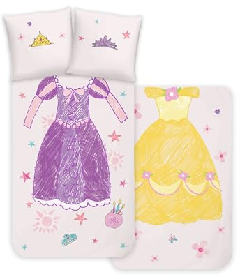 Disney Home Princess - Juego de sábanas infantil - Princesa Belle y Rapunzel - Reversible con cierre de hotel, 100% algodón Renforce, 2 piezas, funda nórdica de 140 x 200 cm, funda de almohada de 60 x