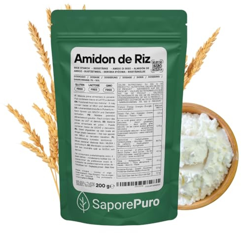 SaporePuro Almidón de Arroz Natural 200 g – 100% Italiano, Sin Gluten, Ideal para Cosmética Natural, Postres y Salsas