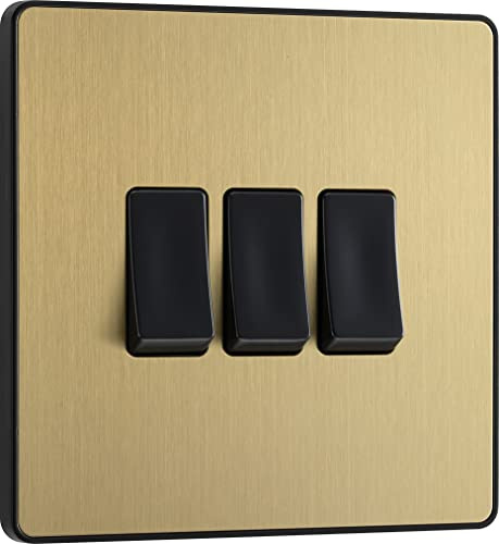 BG Electrical Triple Wall Light Switch, 2 Way, Screwless Front Plate, Round Edges, Evolve, Satin Brass, 20A, 16AX, PCDSB43B
