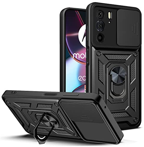 DESSEN Funda para Motorola Moto E20 / E30 / E40, Carcasa de Silicona Suave de TPU/PC y Lente Cover, con Magnético Soporte de Anillo Giratorio, Golpes Bumper Case. Negro
