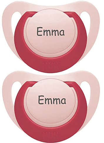 Namensschnuller, personalisiert auf Schnullern von Nuk, Silikon. Größe 2, 6-18 Monate, 2 Stück, Schnuller mit Namen, Nuckel, Mädchen, BPA-frei Schnuller, Made in Denmark, Graviert