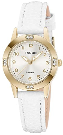 TASGO Women's Leather Quartz Watch Easy Read Watch with Diamond Luminous Waterproof Fashion Wristwatch for Women Ladies Girls (Gold White)