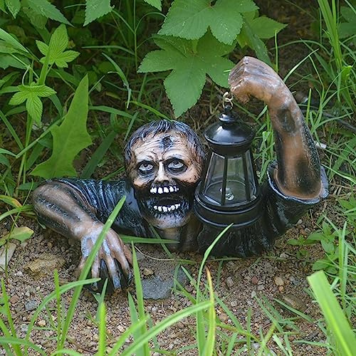 Zombie mit LED-Laterne, Harz-Zombie-Gartenstatuen, Halloween-Geist Im Freien, Garten-Zombie-Zwerge-Statue den Garten, Terrasse, Hof Im Freien (Black)