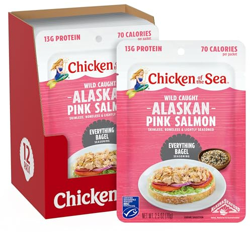 Chicken of the Sea Alaskan Pink Salmon, 2.5 oz. Packets (Box of 12), Wild Caught Salmon, Everything Bagel Seasoning